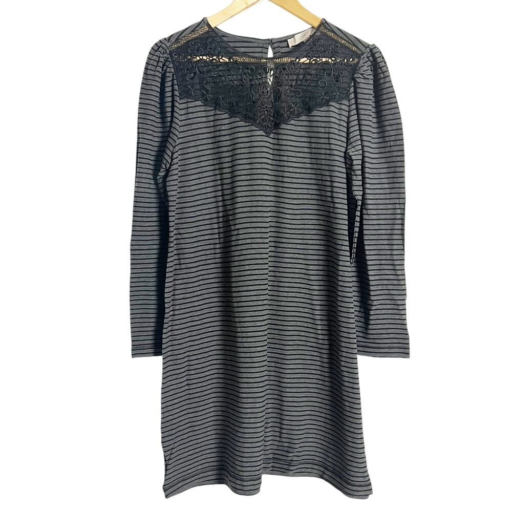 LOFT Gray Black Striped Lace Yoke Long Sleeve Knee Length Shift Dress Size M